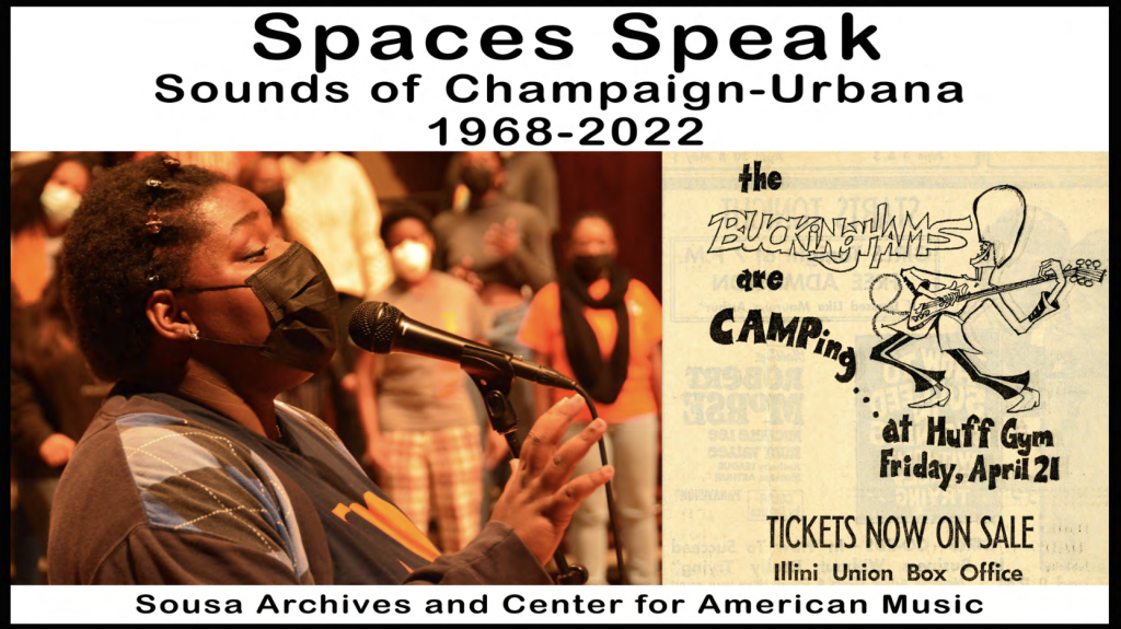First slide of "Spaces Speak" presentation, featuring a female vocalist and flyer for a local music venue.